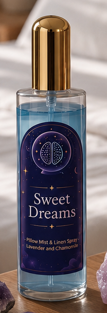 Sweet Dreams pillow and linen spray on a nightstand