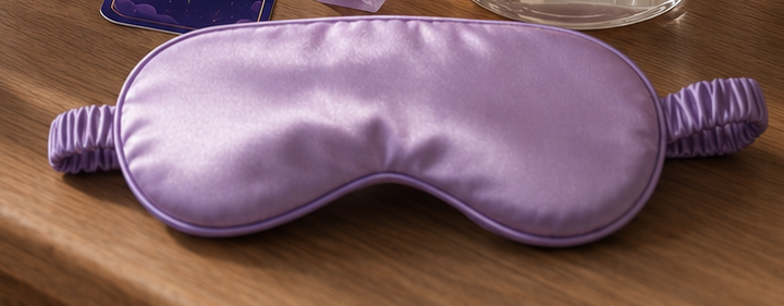 Lavender satin sleep mask on a nightstand